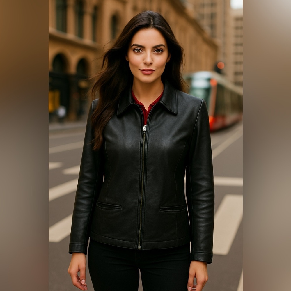 Preston & York Genuine Lambskin Leather Jacket Black Zip Front XL Vintage Moto